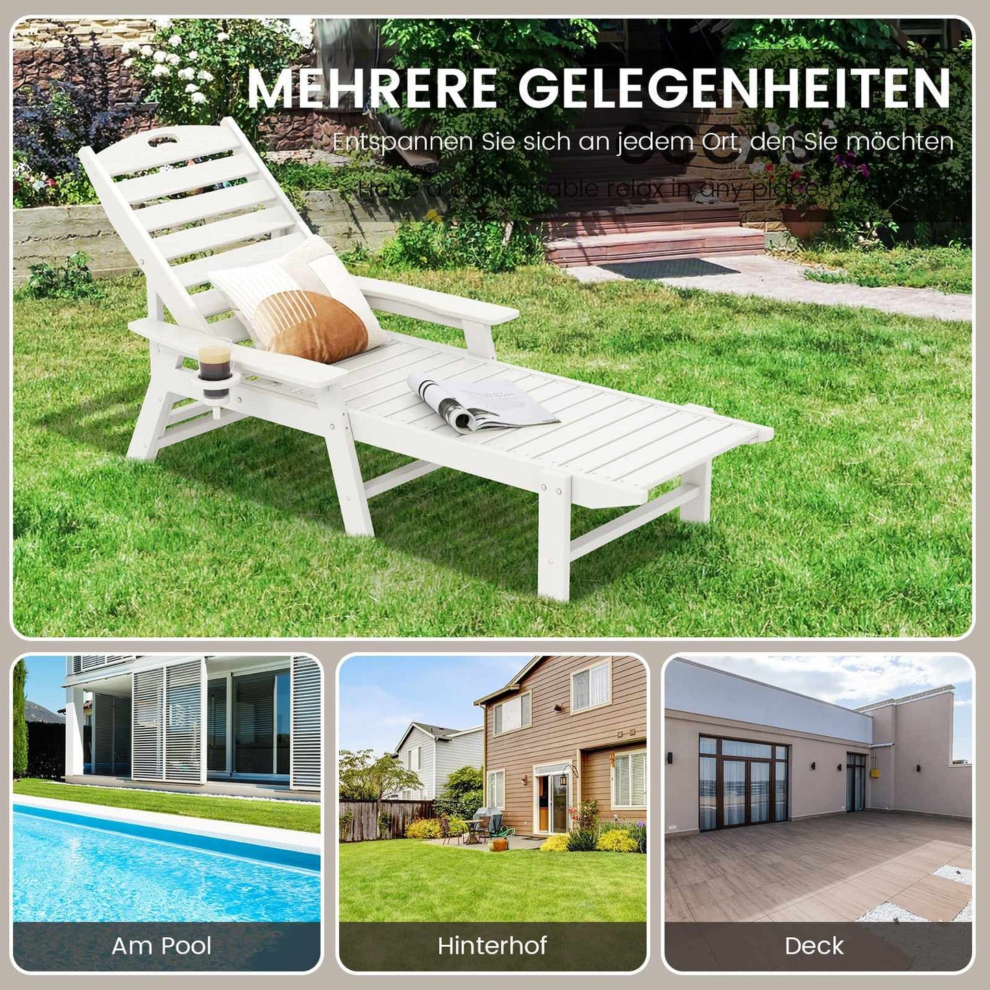 Outdoor Recliner Chair, HDPE, Adjustable Backrest, White