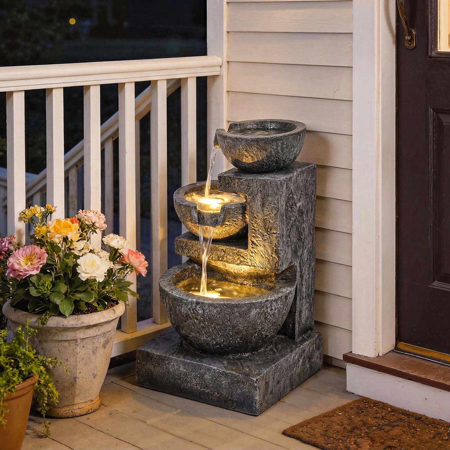Outdoor Resin Fountain with Adjustable LED Lights, 3-Tier Design