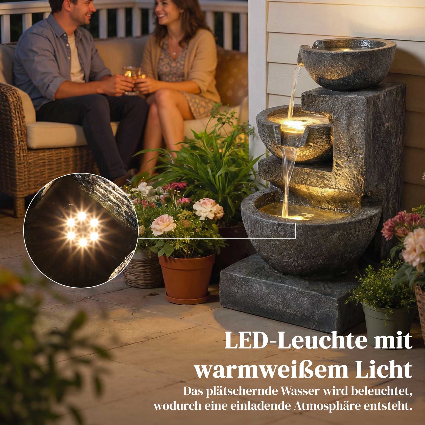 Outdoor Resin Fountain with Adjustable LED Lights, 3-Tier Design