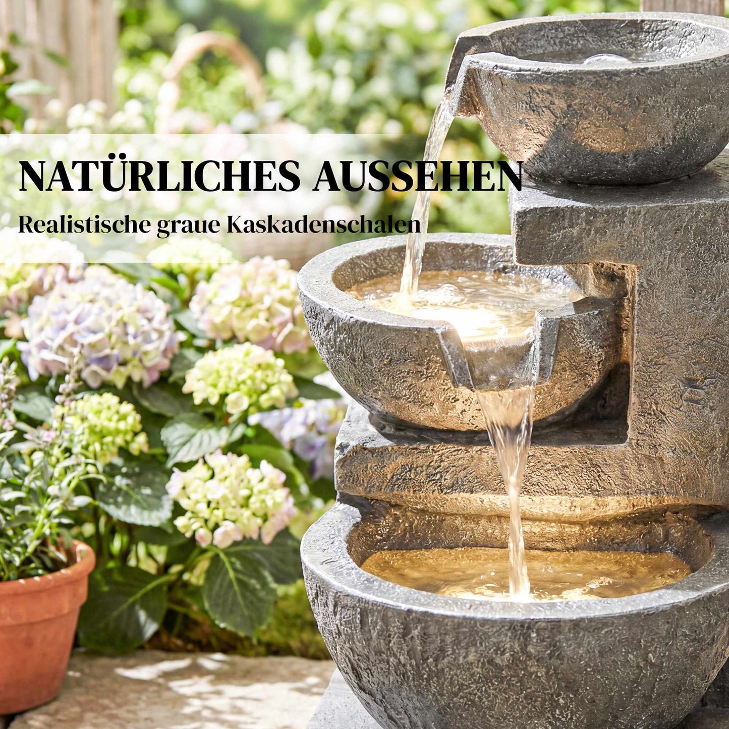 Outdoor Resin Fountain with Adjustable LED Lights, 3-Tier Design