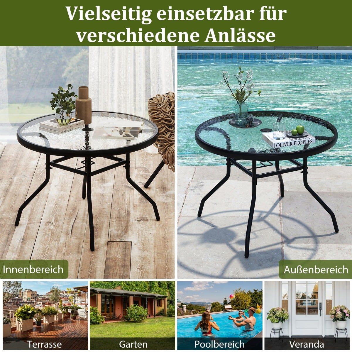 Outdoor Round Glass Table with Umbrella Hole, 70 cm