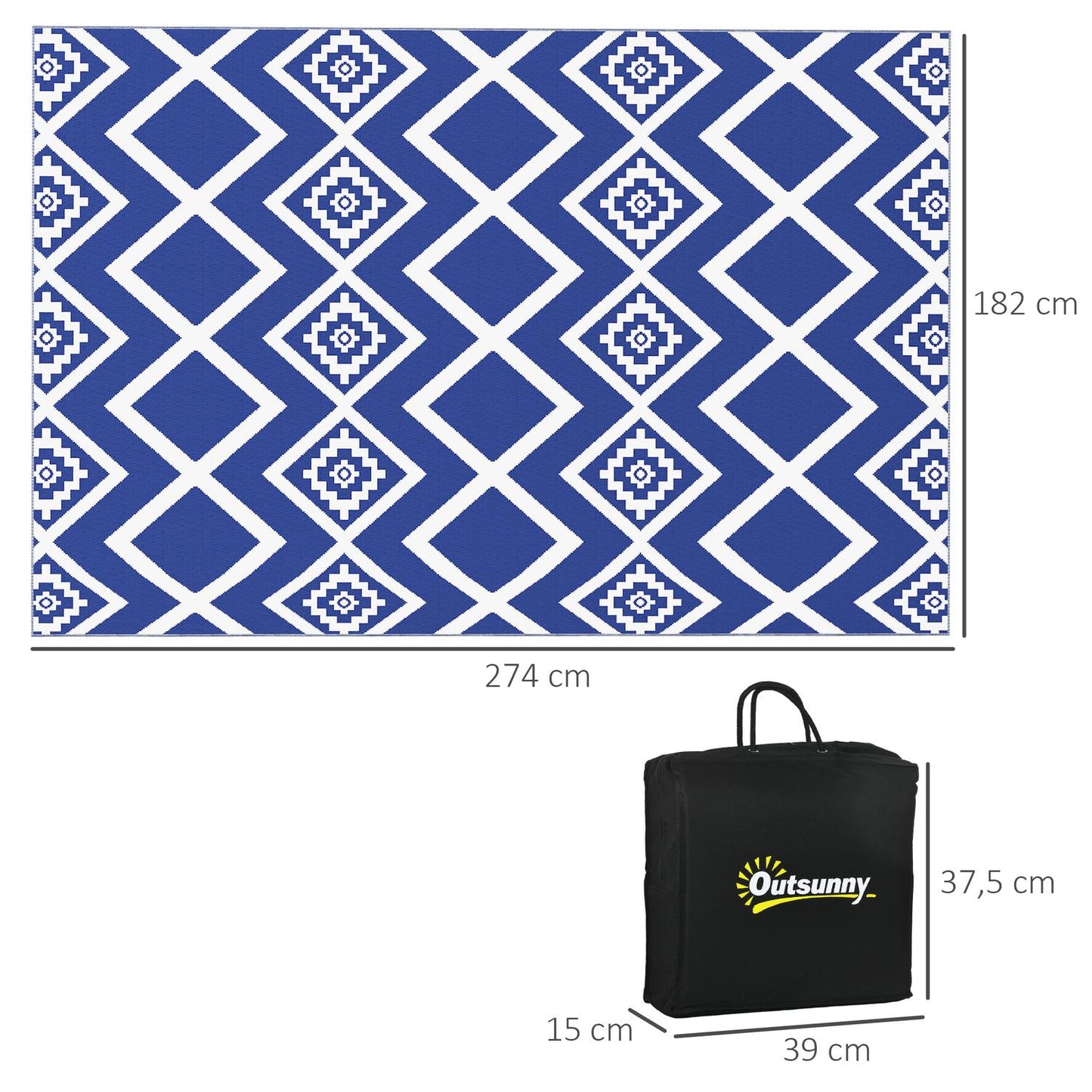 Water-repellent plastic mat outdoors, 182x274cm, Blue/White