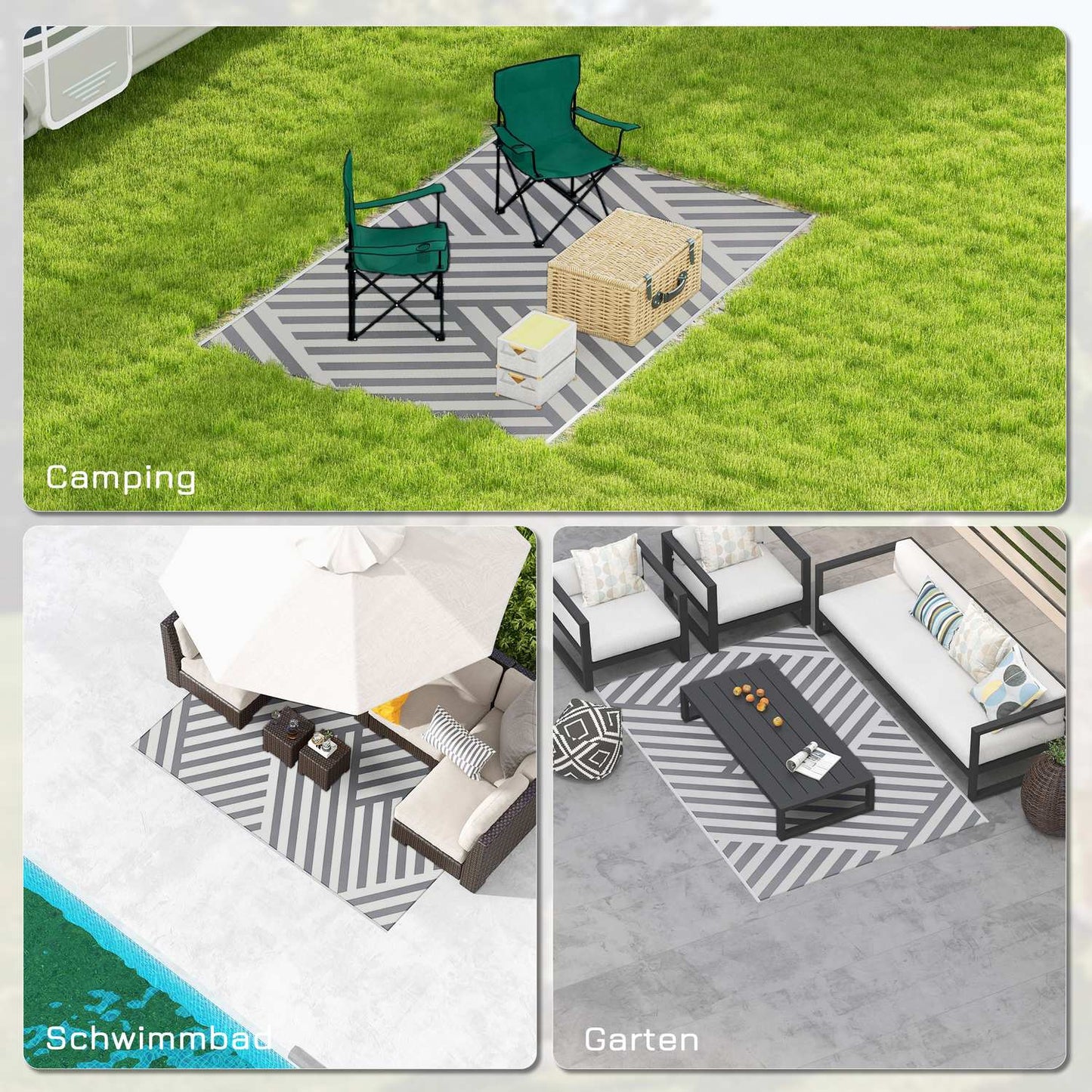 Reversible outdoor rug, light grey/cream, 182x274cm, with carrying bag