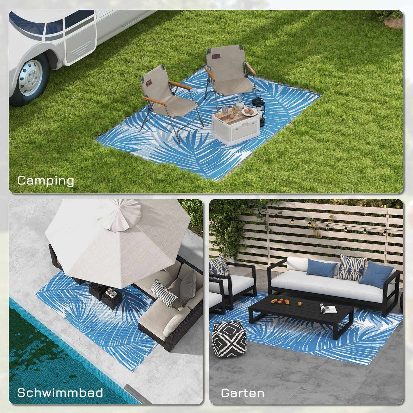 Reversible outdoor mat with bag, 182x274cm, blue