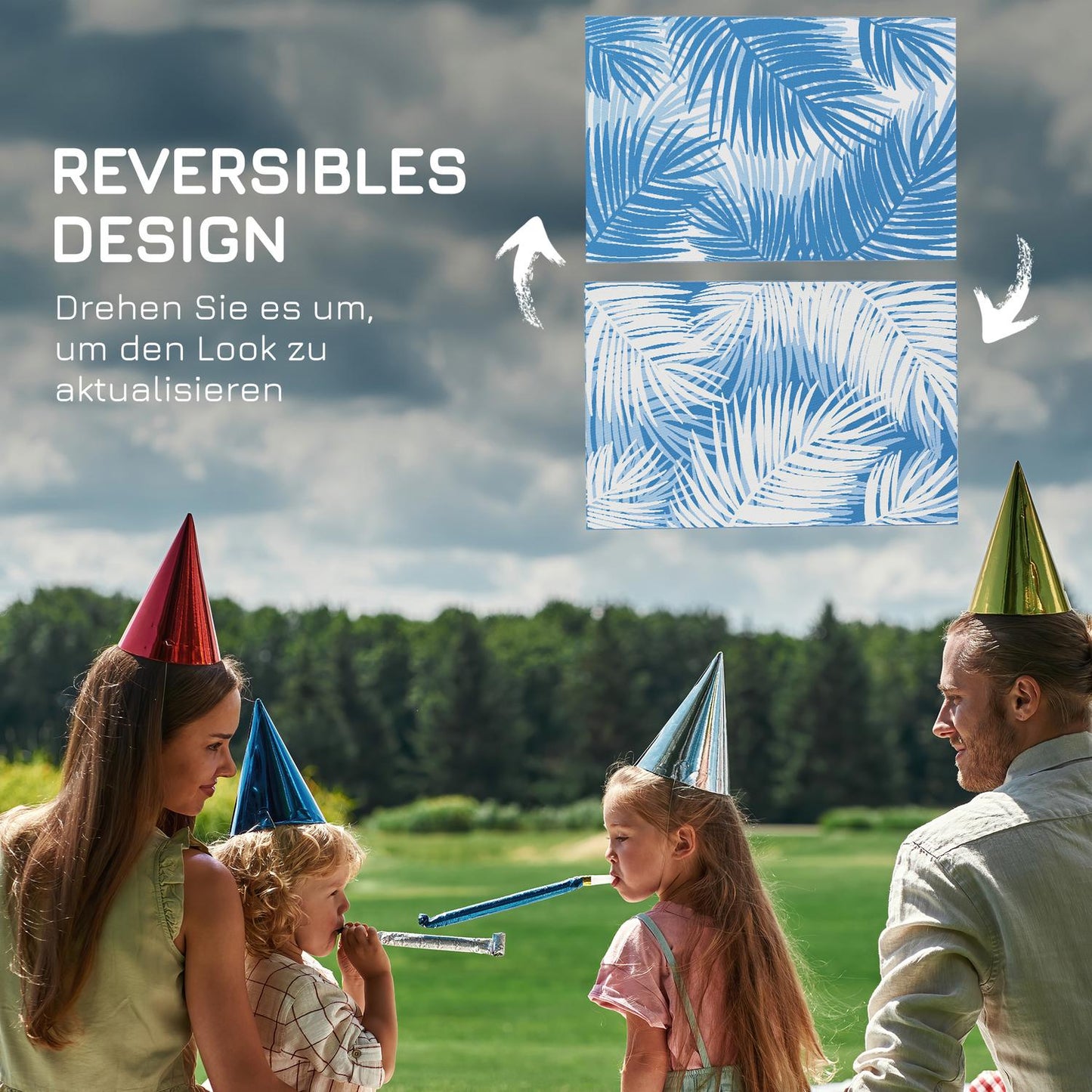 Reversible outdoor mat with bag, 182x274cm, blue