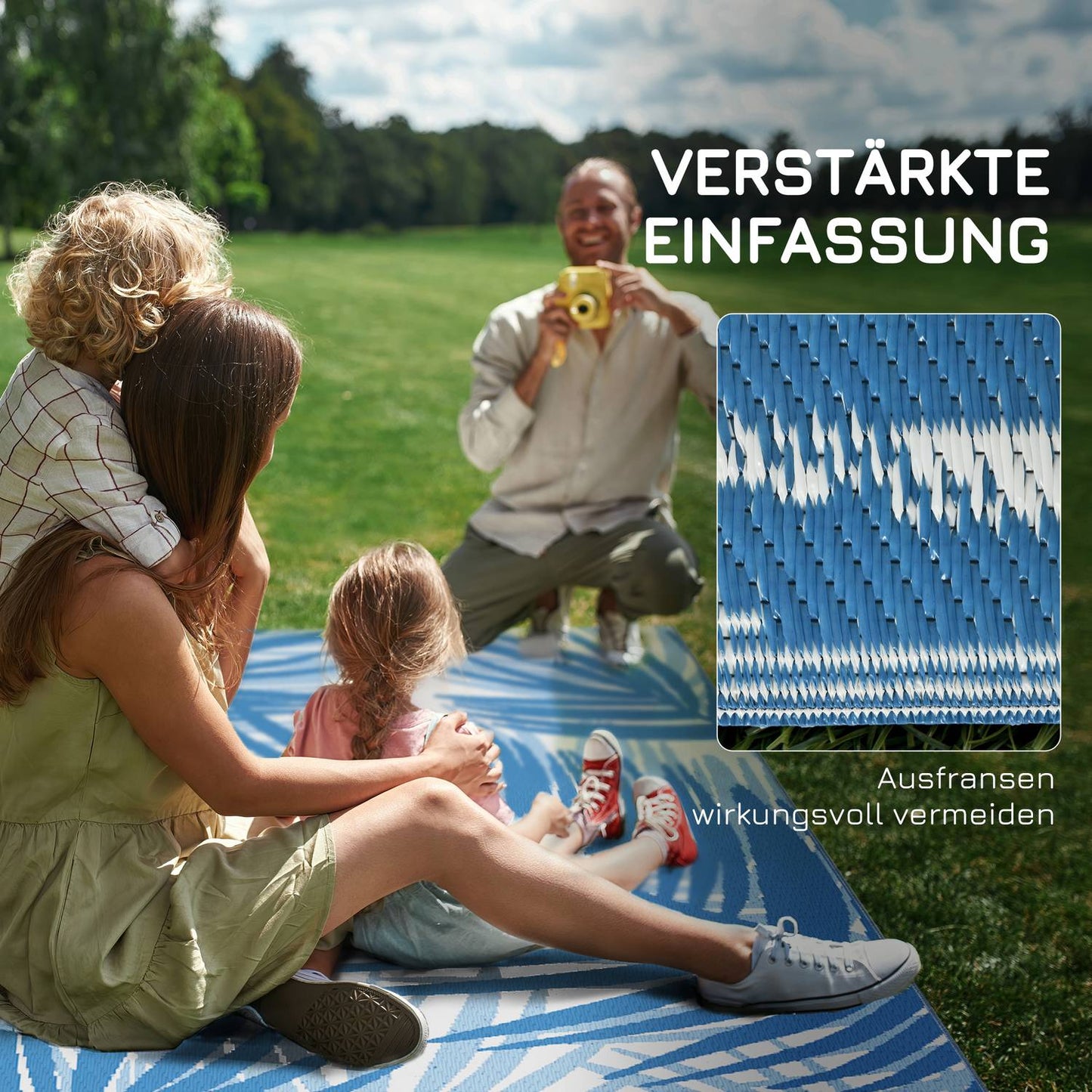 Reversible outdoor mat with bag, 182x274cm, blue