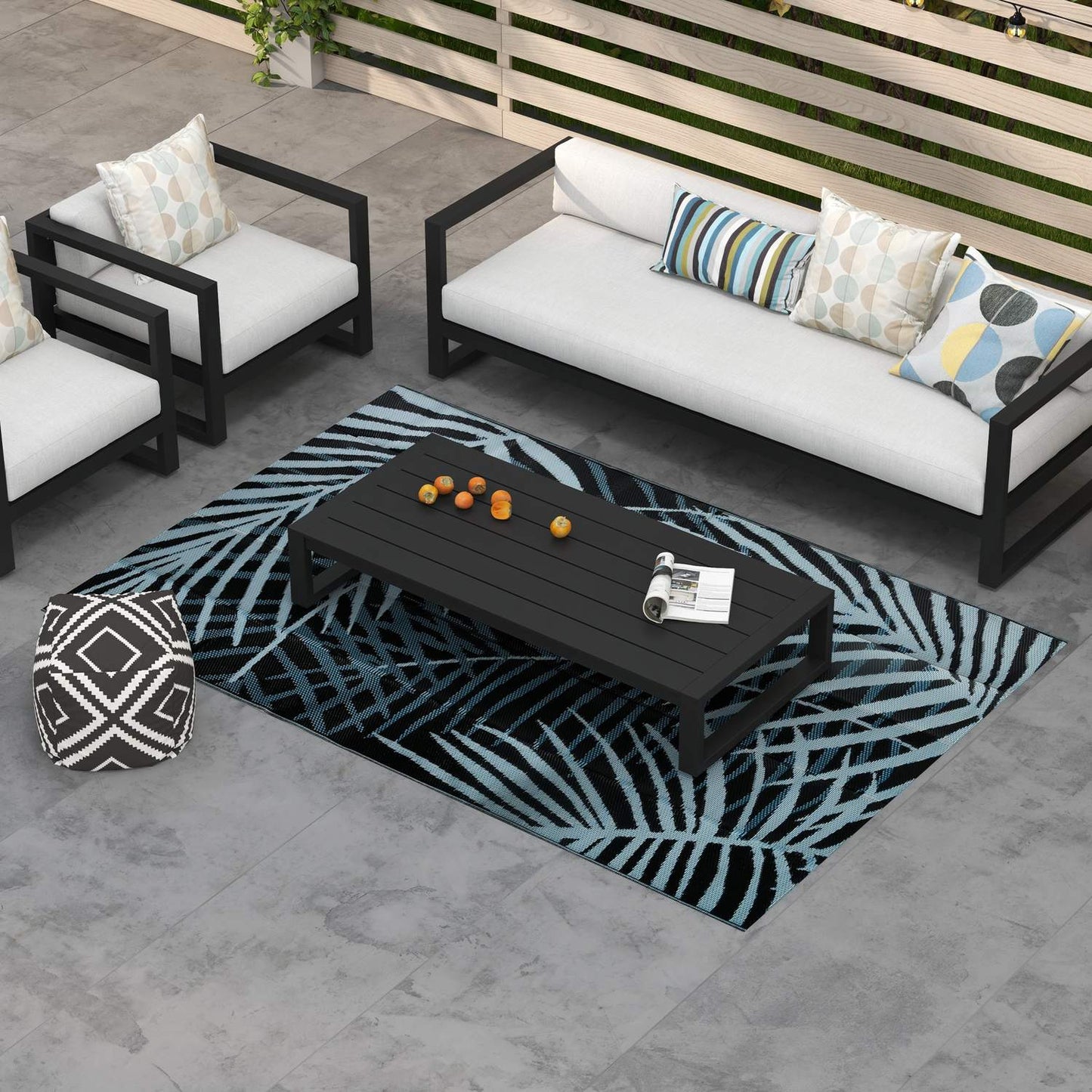 Reversible water-repellent outdoor mat, black/blue, 182x274 cm