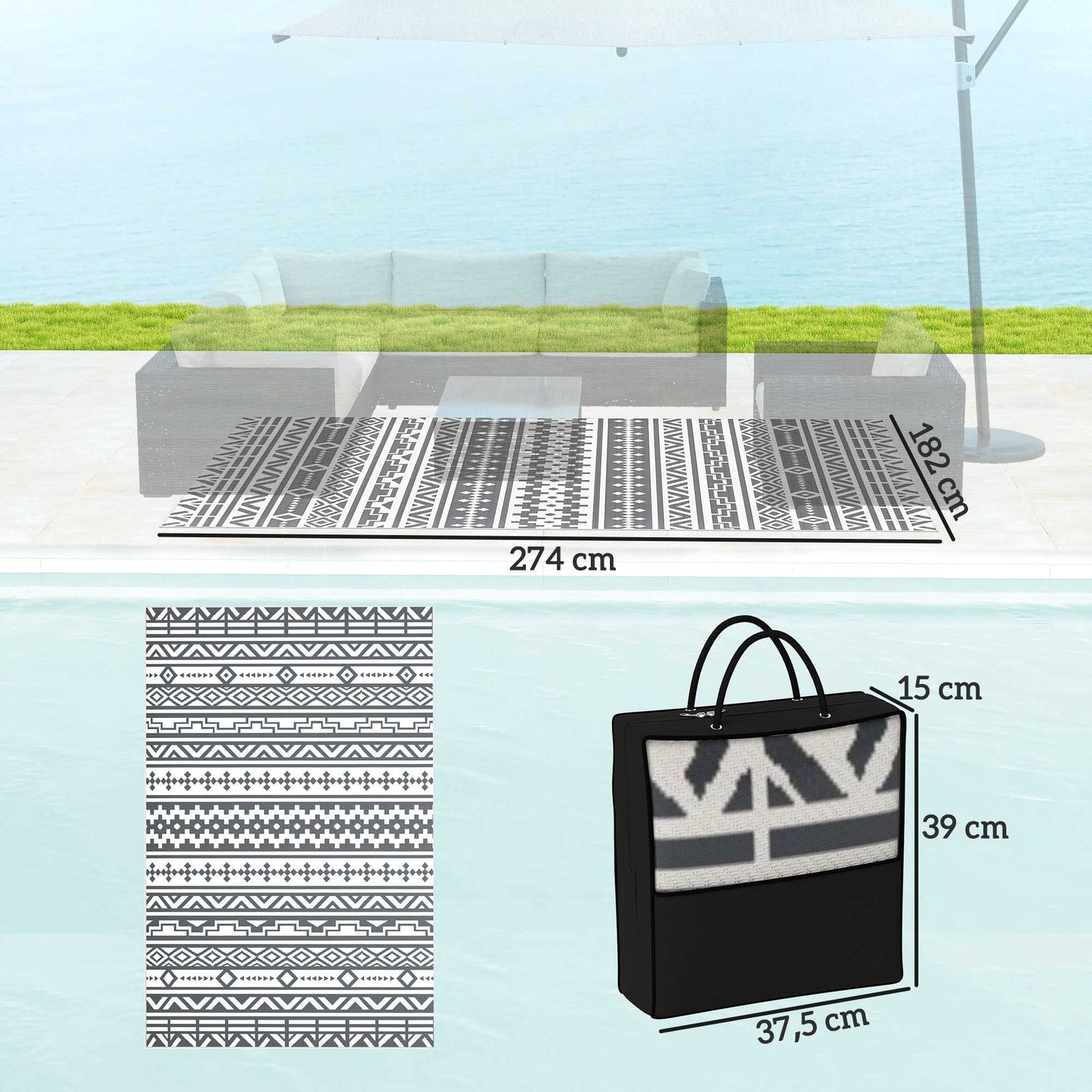 Outdoor Rug, Reversible Waterproof Polypropylene, 182x274 cm