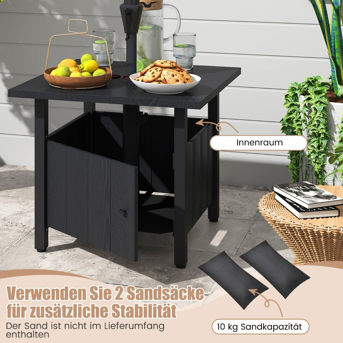 Outdoor Side Table with Umbrella Hole & Sandbags