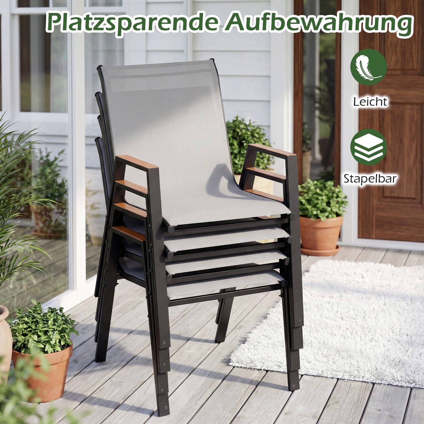 Outdoor Stackable Garden Chairs Set, Breathable Teslin Fabric