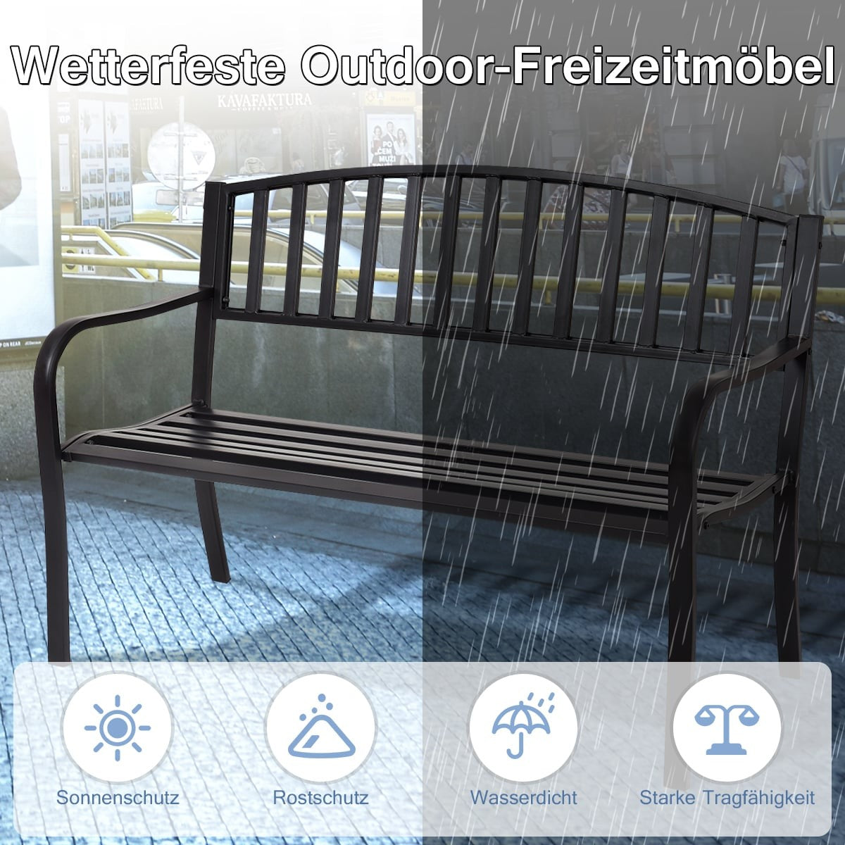 Outdoor Steel Garden Bench, Weather-Resistant, 280kg Capacity