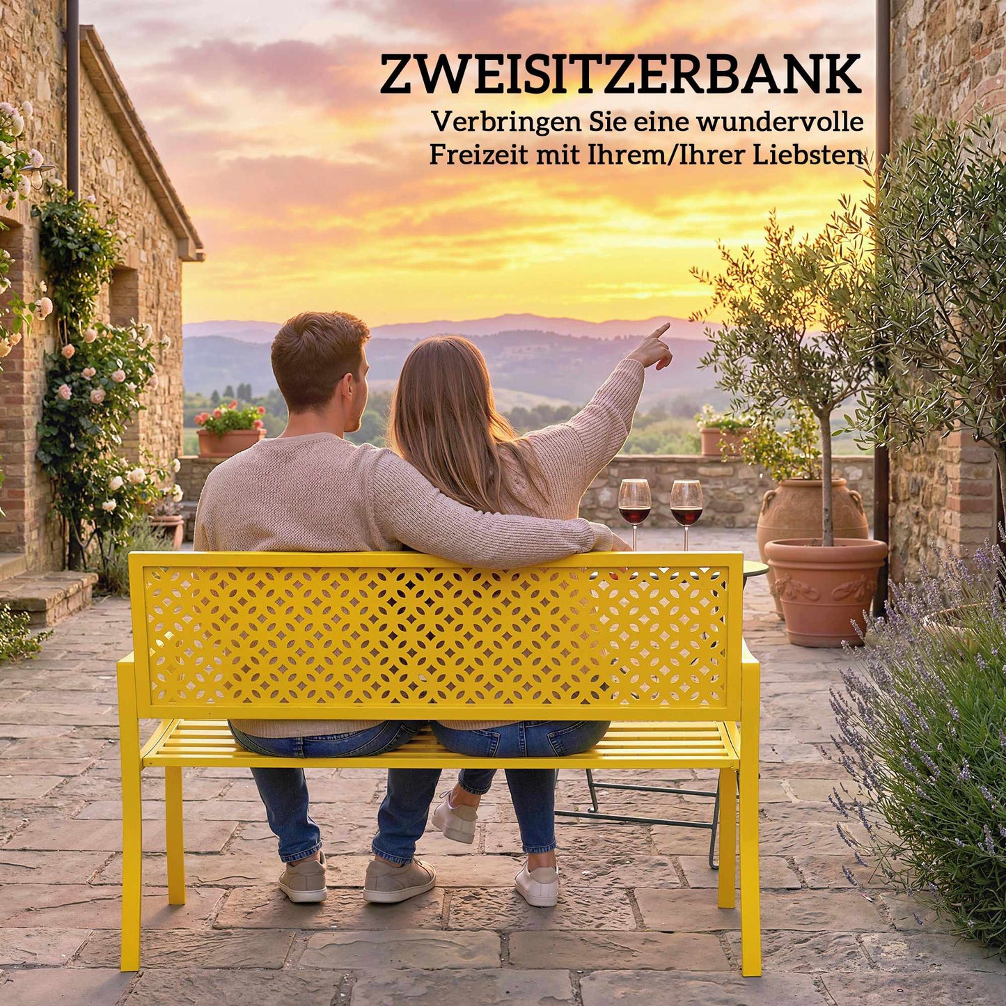 Outdoor Steel Garden Bench, Yellow, 2-Seater, Rust-Resistant