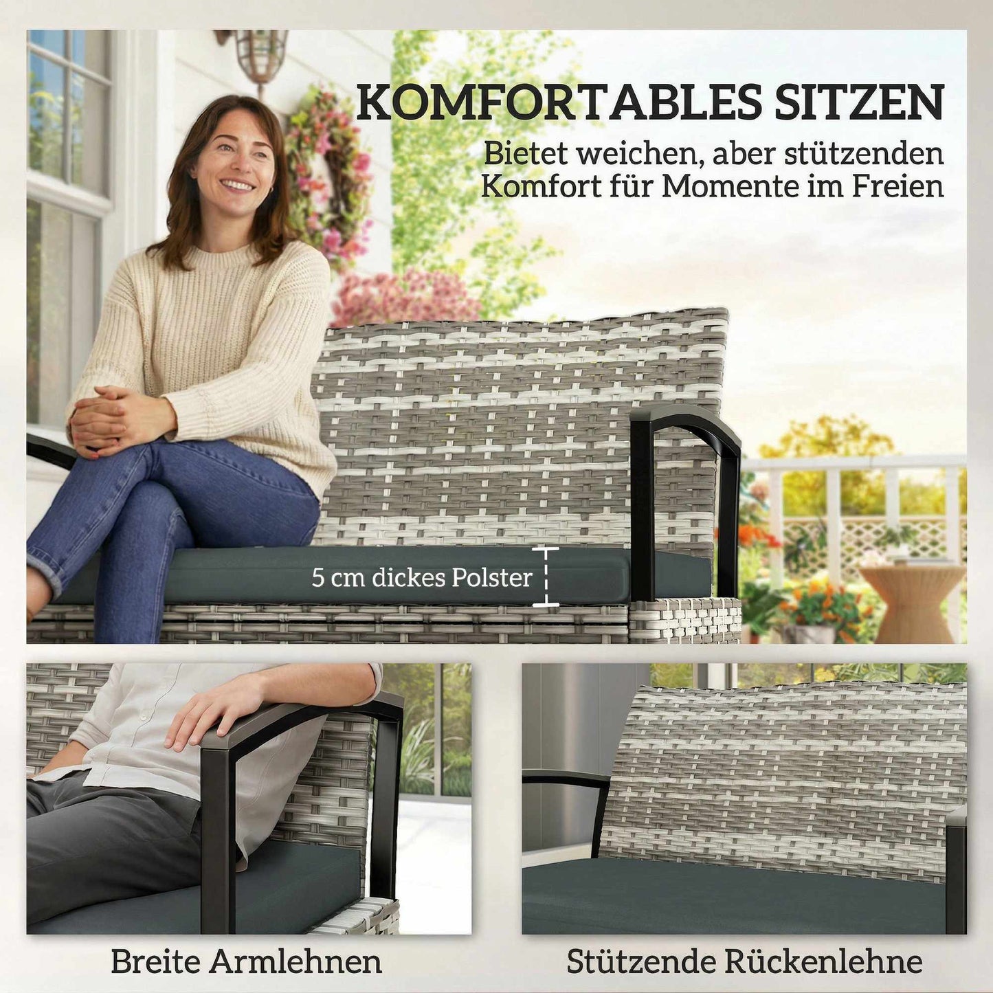 Outdoor Storage Bench, 2-Seater with Cushion, 125L, Dark Grey