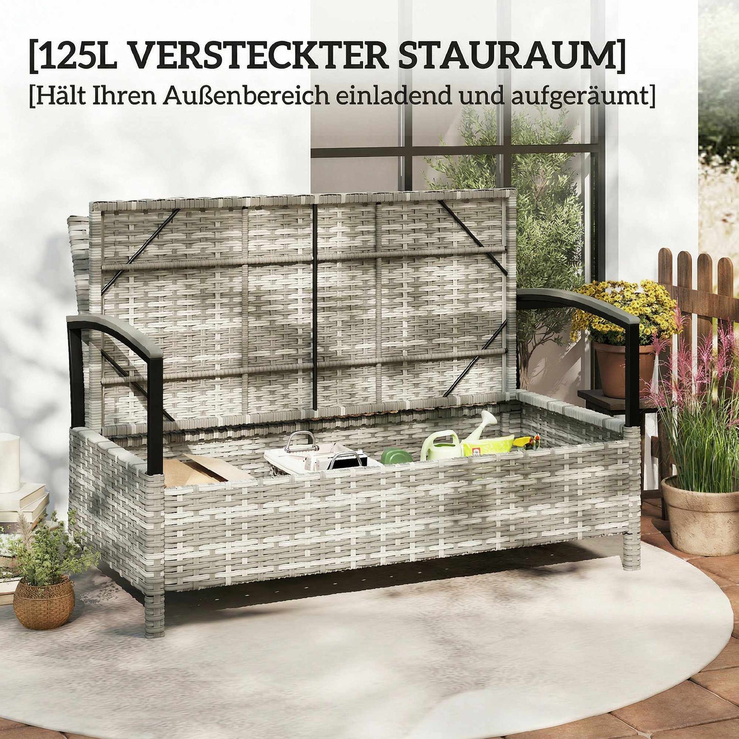 Outdoor Storage Bench, 2-Seater with Cushion, 125L, Dark Grey