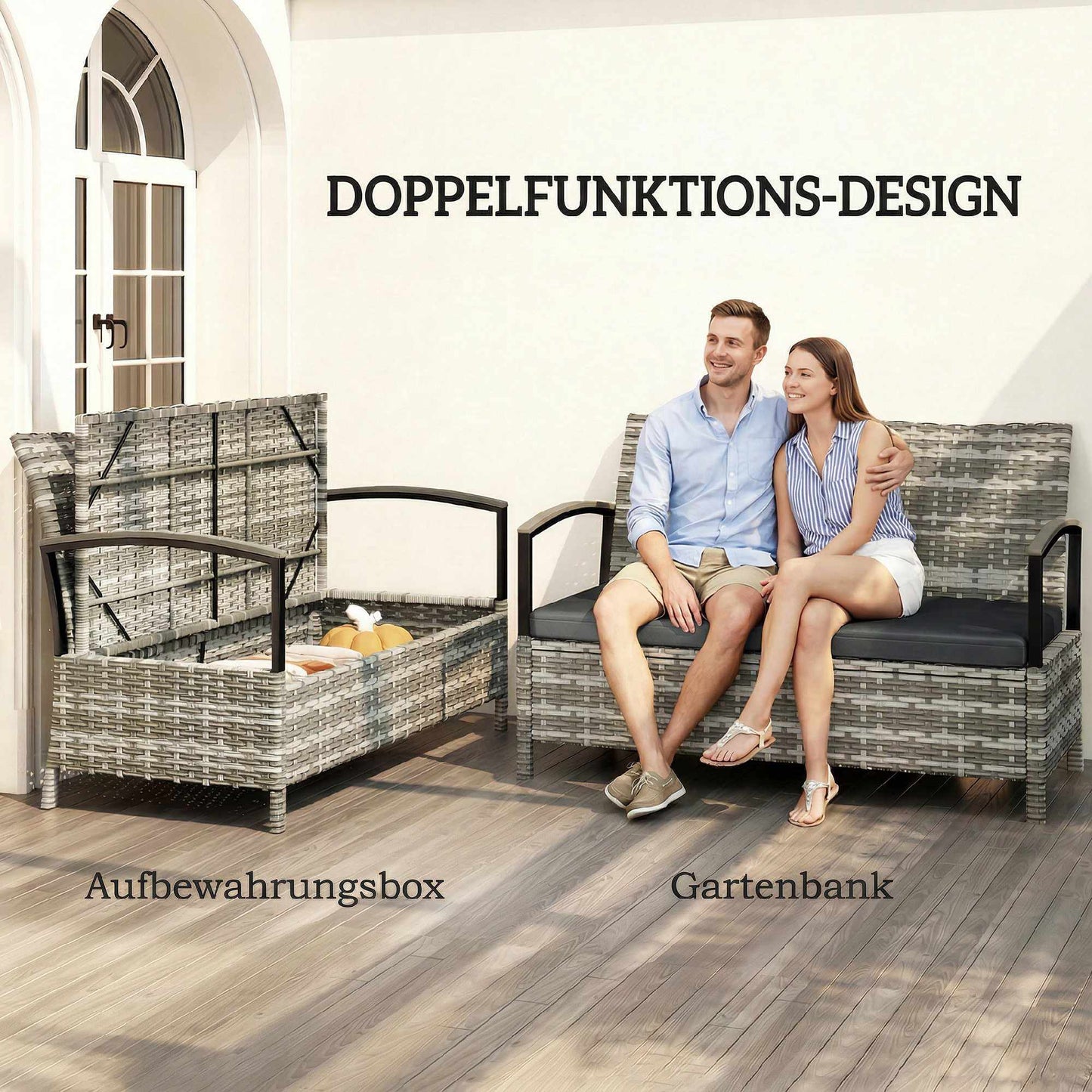 Outdoor Storage Bench, 2-Seater with Cushion, 125L, Dark Grey