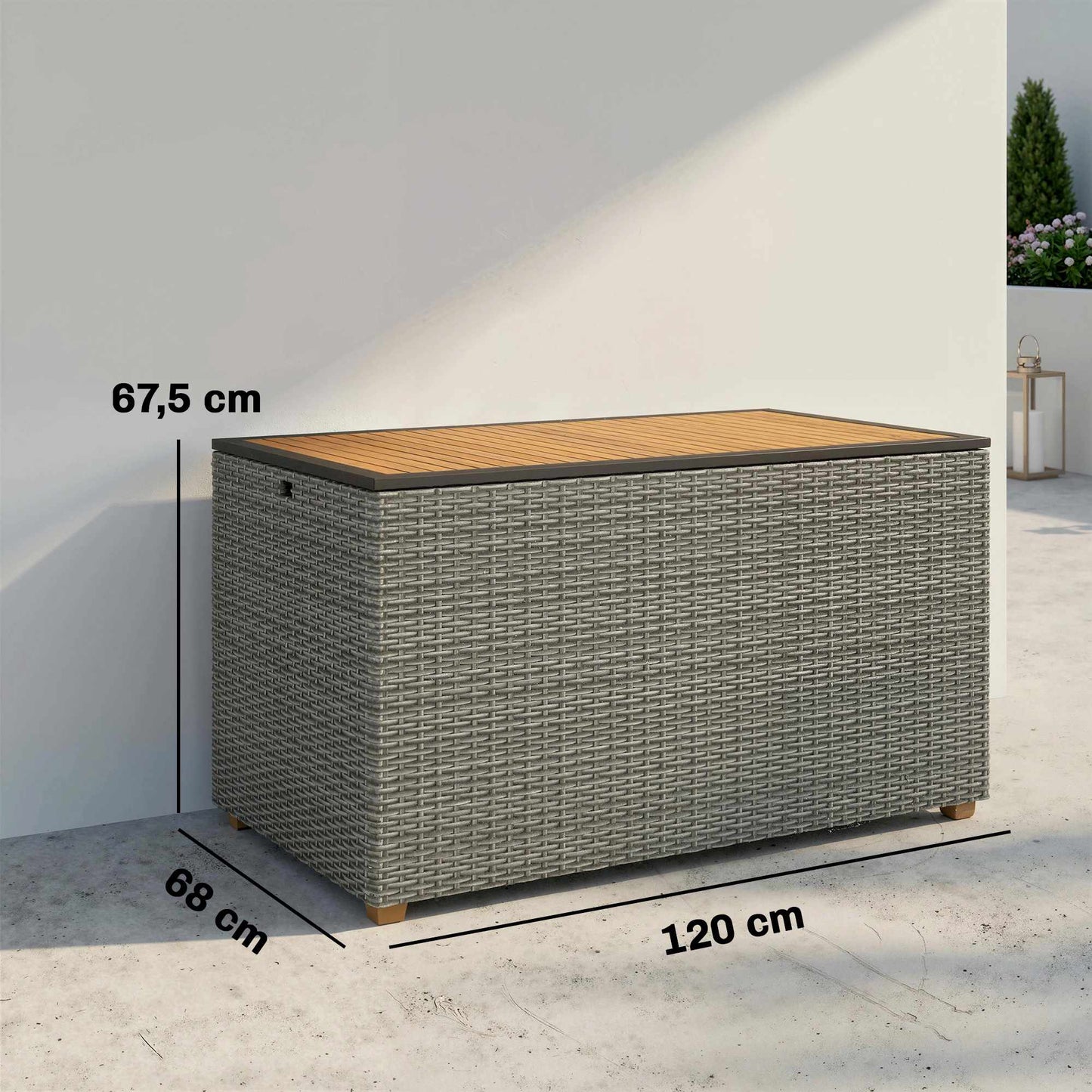 Outdoor Storage Box 450L, Waterproof Rattan, Wood Lid