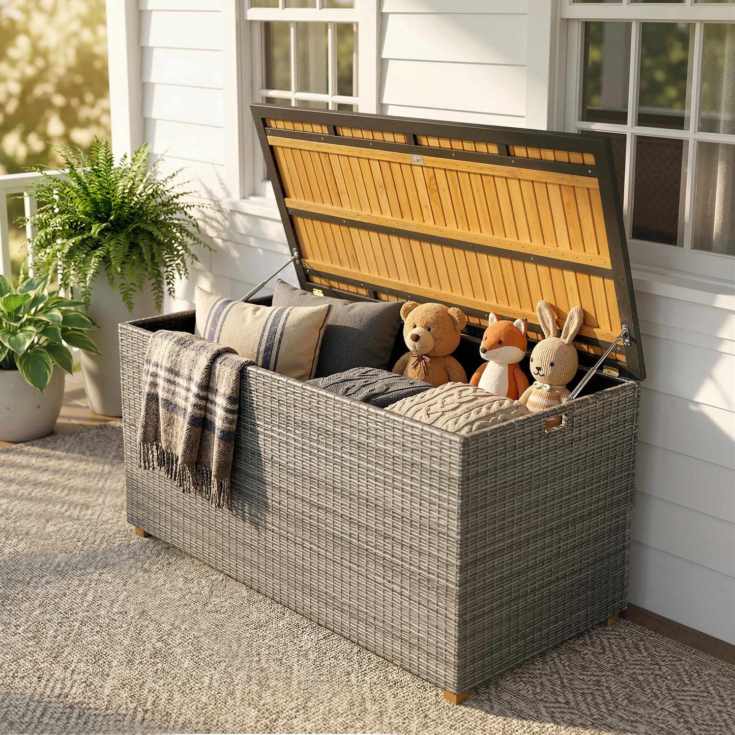 Outdoor Storage Box 450L, Waterproof Rattan, Wood Lid