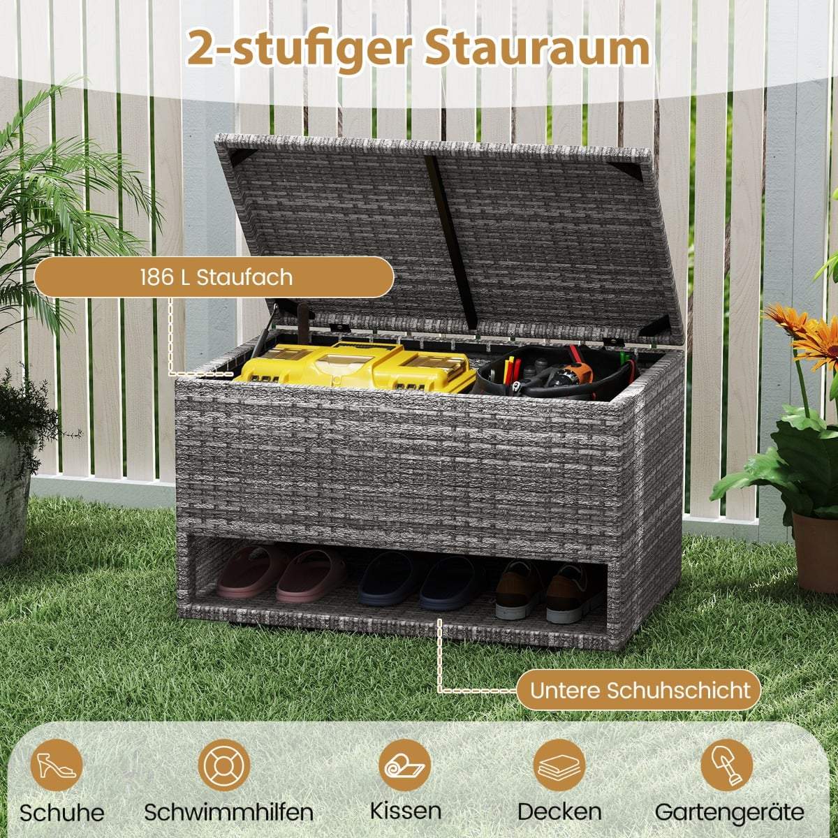 Outdoor Storage Box with Shoe Rack, 186L, Grey, Weatherproof