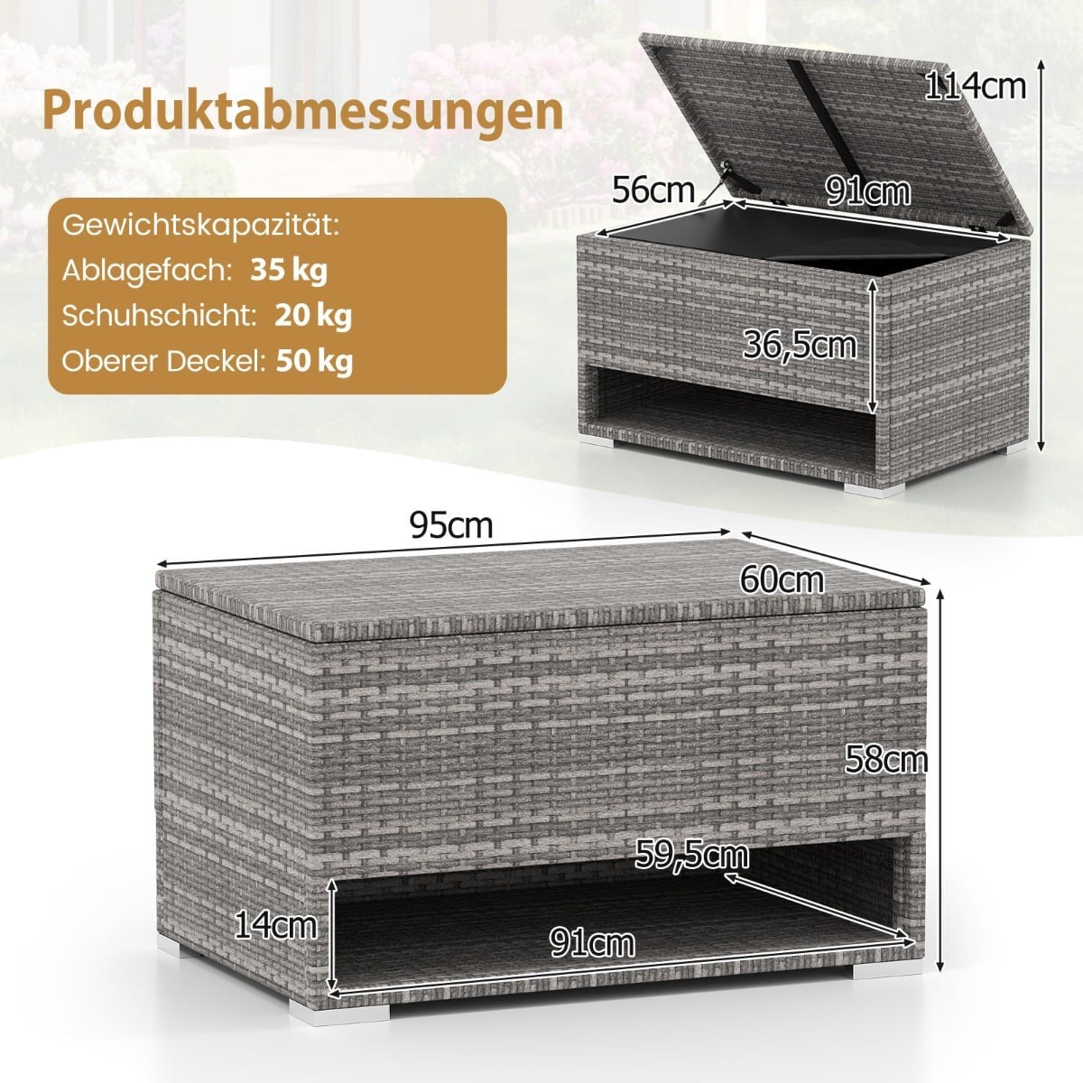 Outdoor Storage Box with Shoe Rack, 186L, Grey, Weatherproof