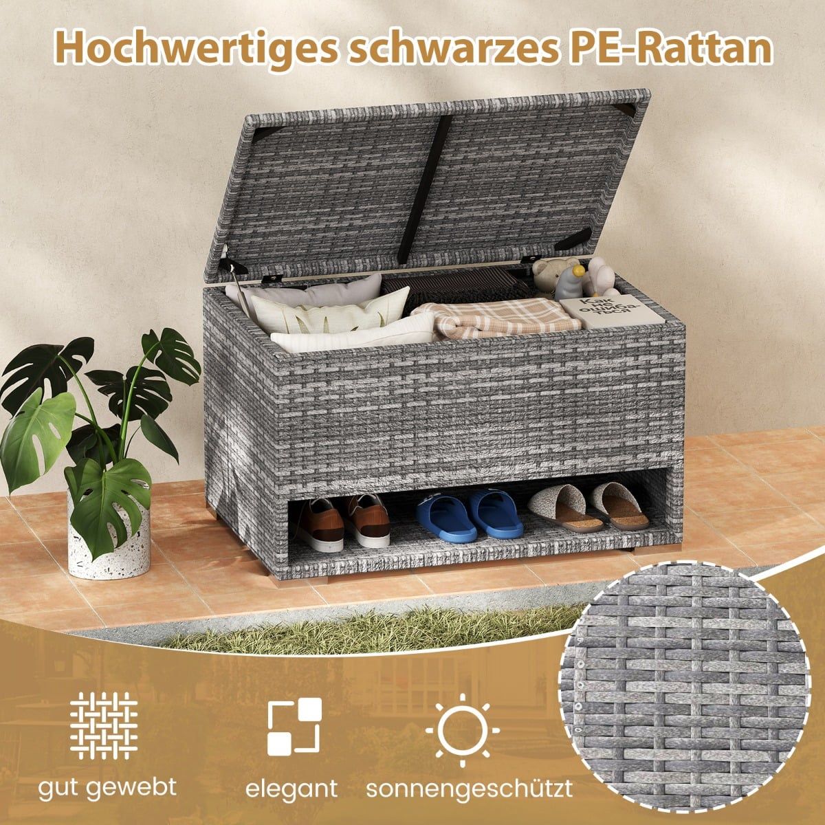 Outdoor Storage Box with Shoe Rack, 186L, Grey, Weatherproof