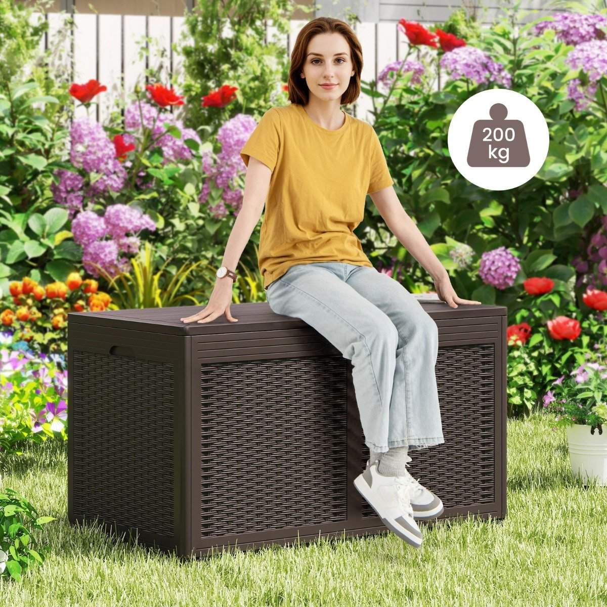 Outdoor Storage Box with Wheels, 380L, Waterproof, Brown