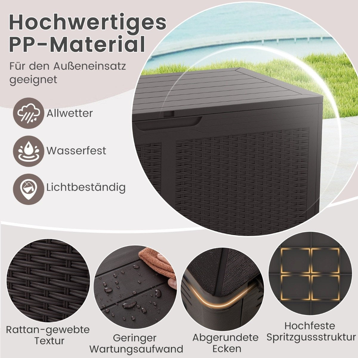 Outdoor Storage Box with Wheels, 380L, Waterproof, Brown