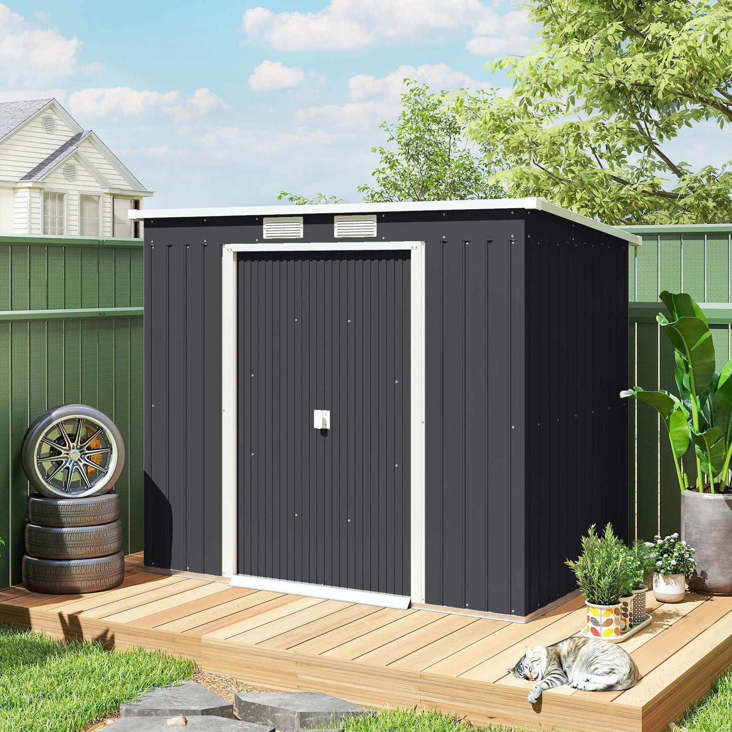 Outdoor Storage Shed, Vent Windows, Sliding Doors, Steel, 213x130x172 cm