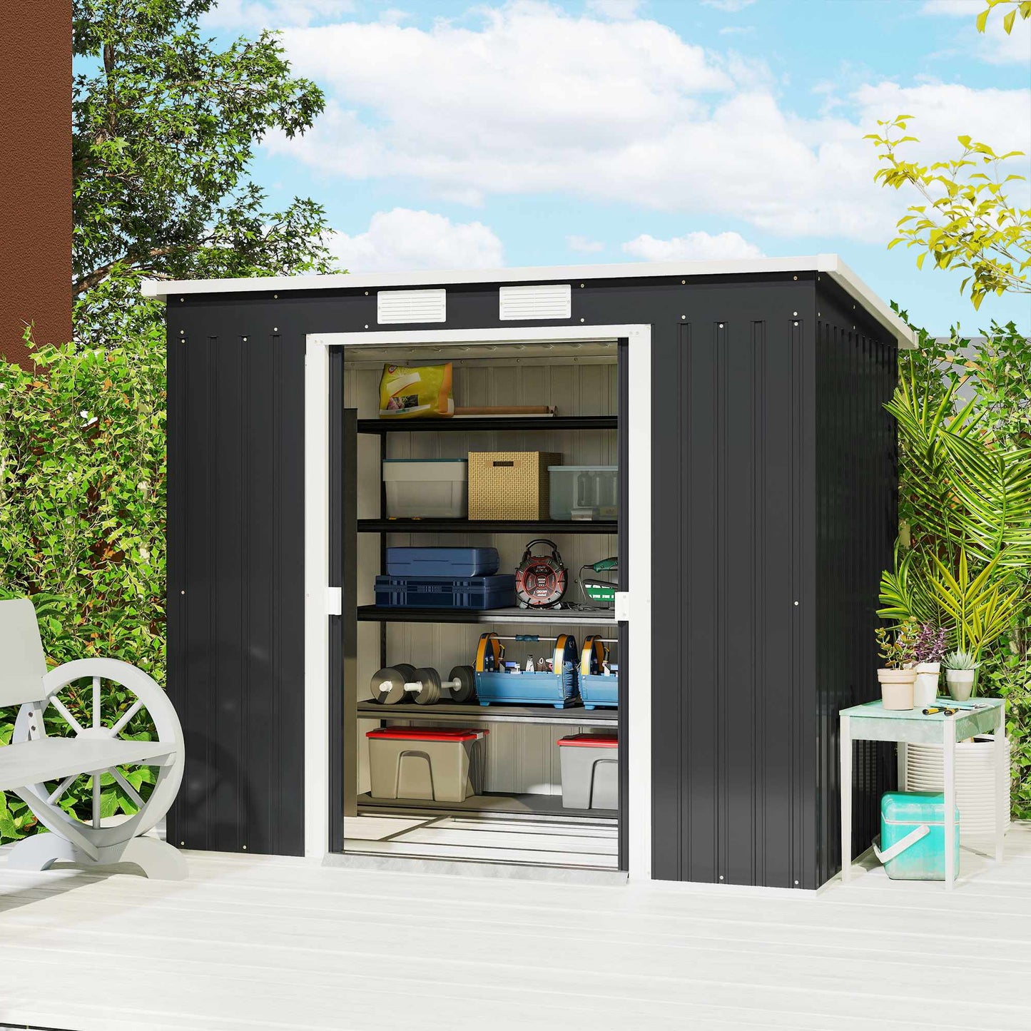 Outdoor Storage Shed, Vent Windows, Sliding Doors, Steel, 213x130x172 cm