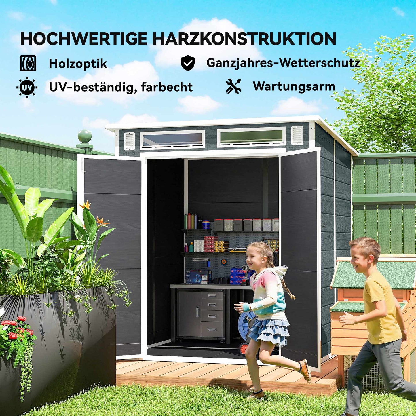 Outdoor Storage Shed, Wood-Look, 3 Windows, Double Doors, 182x182 cm