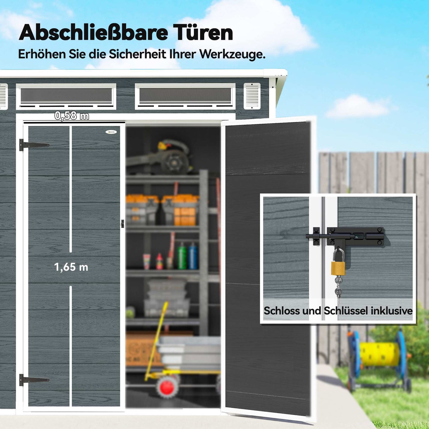 Outdoor Storage Shed, Wood-Look, 3 Windows, Double Doors, 182x182 cm