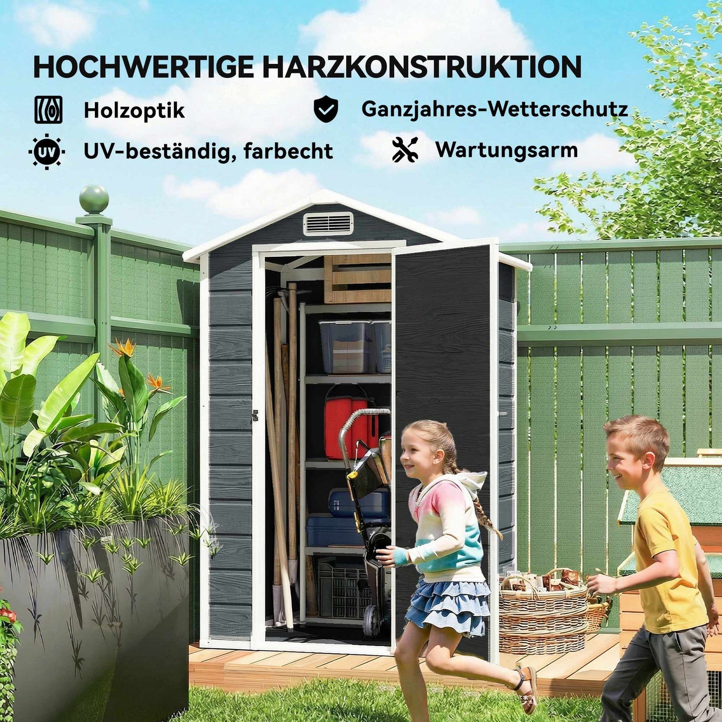 Outdoor Storage Shed with Window, Ventilation, Lock – Grey