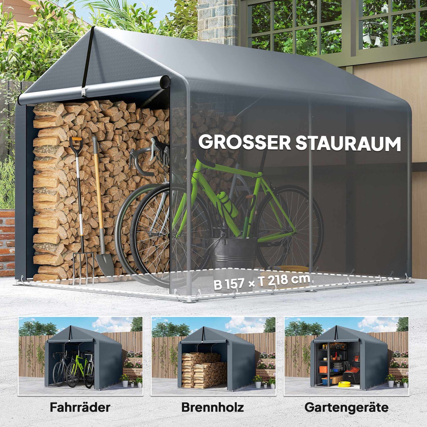 Outdoor Storage Tent, Waterproof PE Fabric, 162x221.5x163 cm