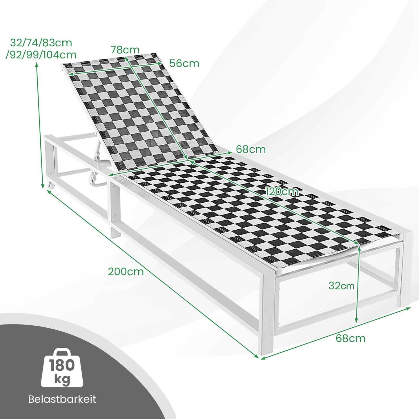 Outdoor Sun Lounger with Wheels, Adjustable Backrest, 180kg Capacity