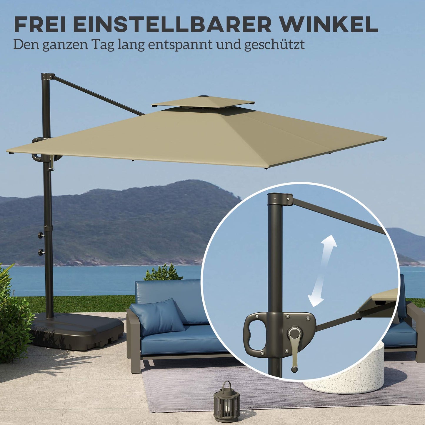 Outdoor Tilt Umbrella with Base, UV Protection, Light Grey