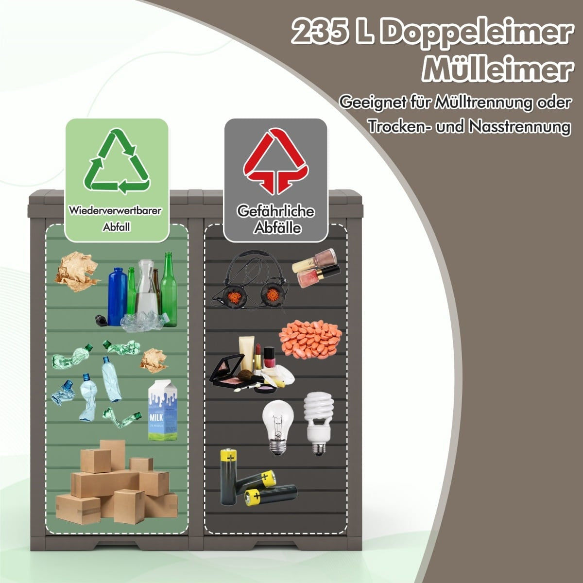 Outdoor Trash Bin, 235L, Dual Compartments, Weatherproof