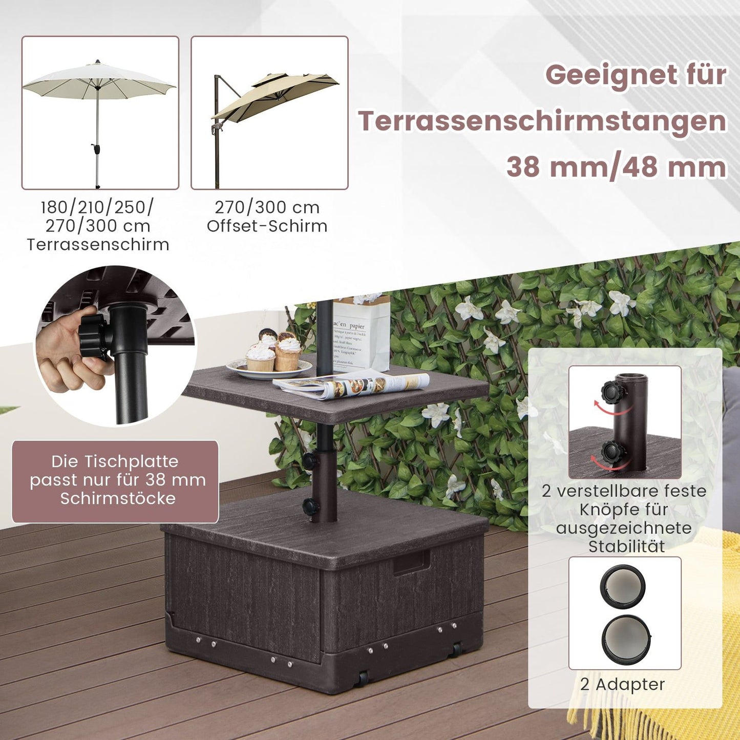 Outdoor Umbrella Stand with Table, Wheels & Weight Bag