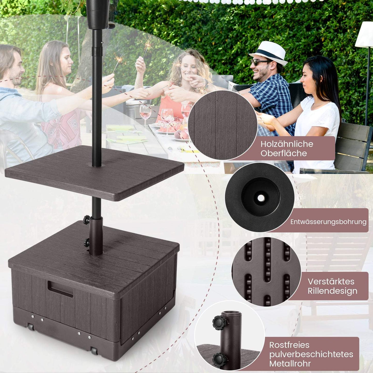 Outdoor Umbrella Stand with Table, Wheels & Weight Bag