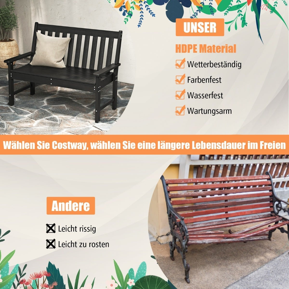 Outdoor Weatherproof HDPE Garden Bench for 2-3 Seats