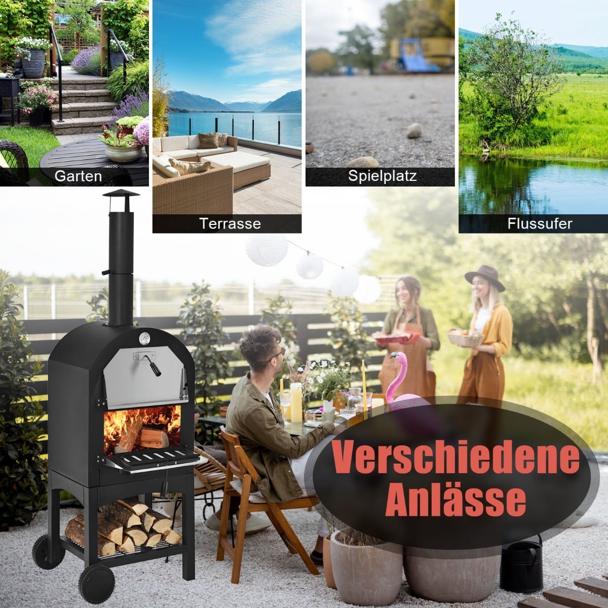 Outdoor Wood-Fired Pizza Oven with Wheels and Thermometer
