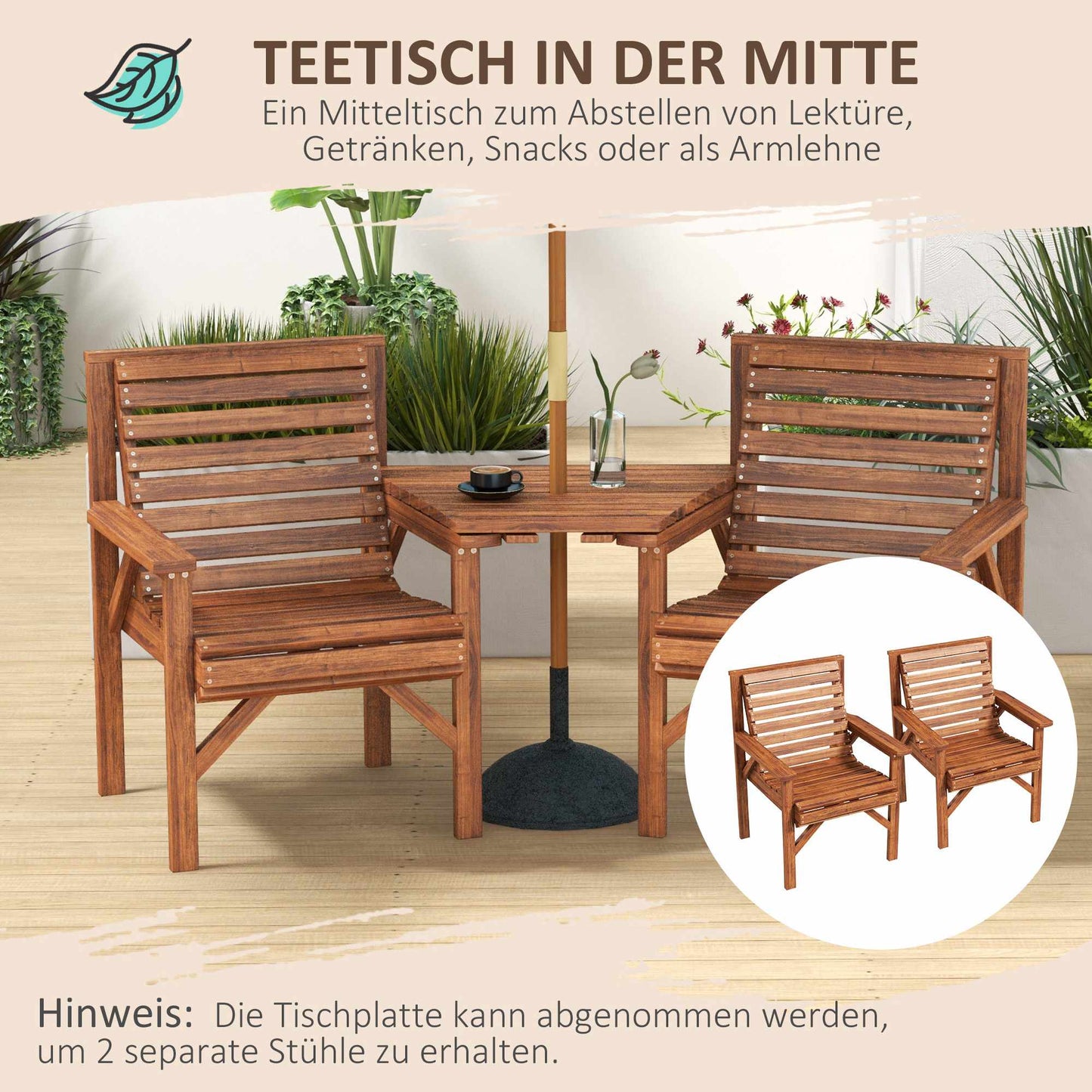 Outdoor Wooden Balcony Set with Table and Umbrella Hole