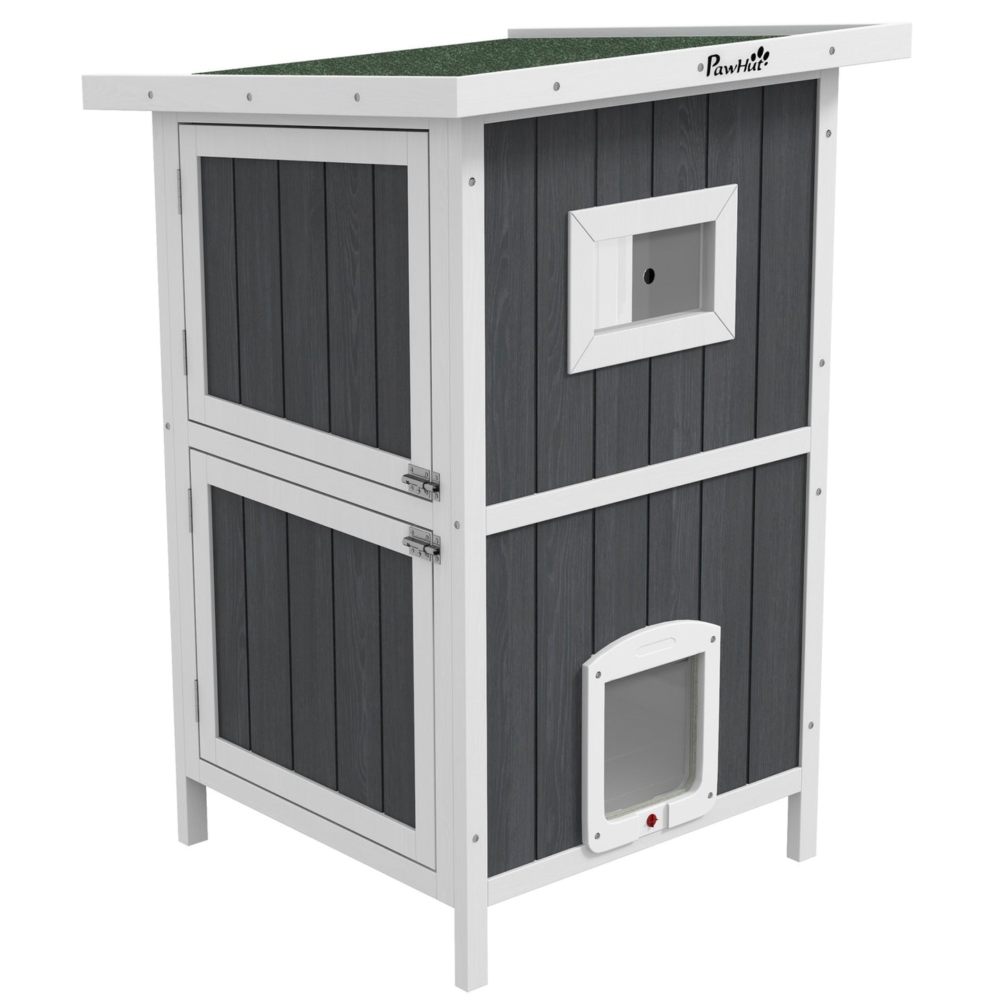 Outdoor wooden cat house, 2-storey with balcony and doors