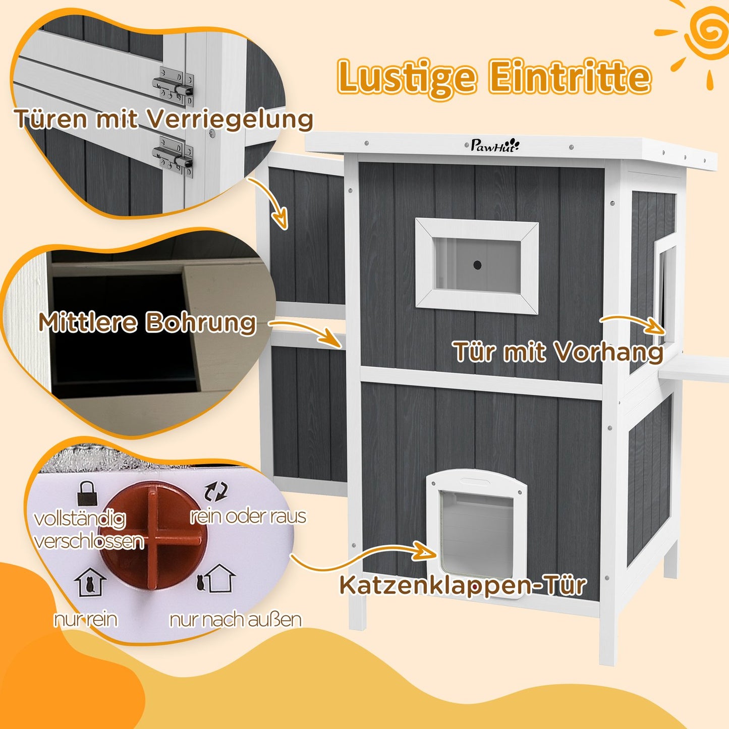 Outdoor wooden cat house, 2-storey with balcony and doors