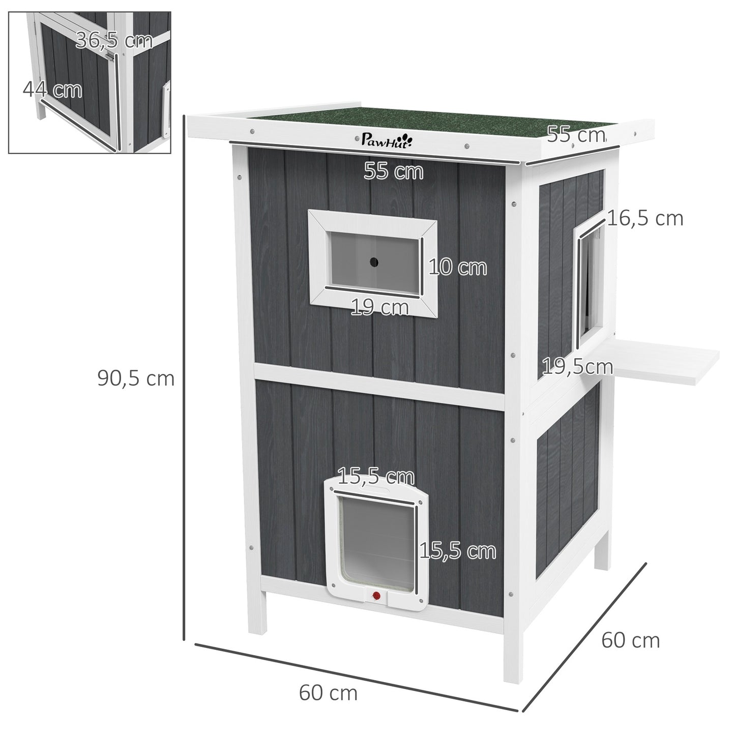 Outdoor wooden cat house, 2-storey with balcony and doors