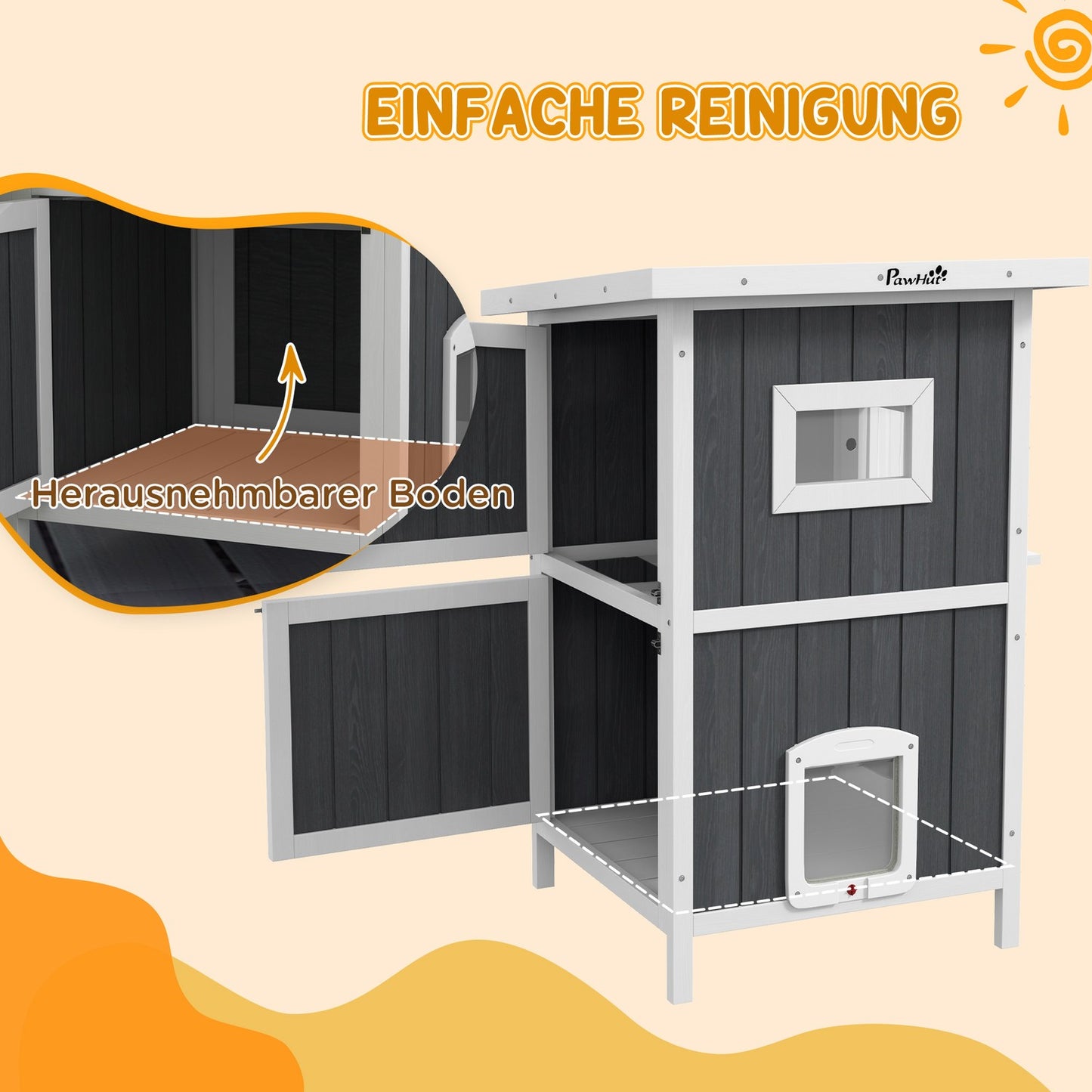 Outdoor wooden cat house, 2-storey with balcony and doors
