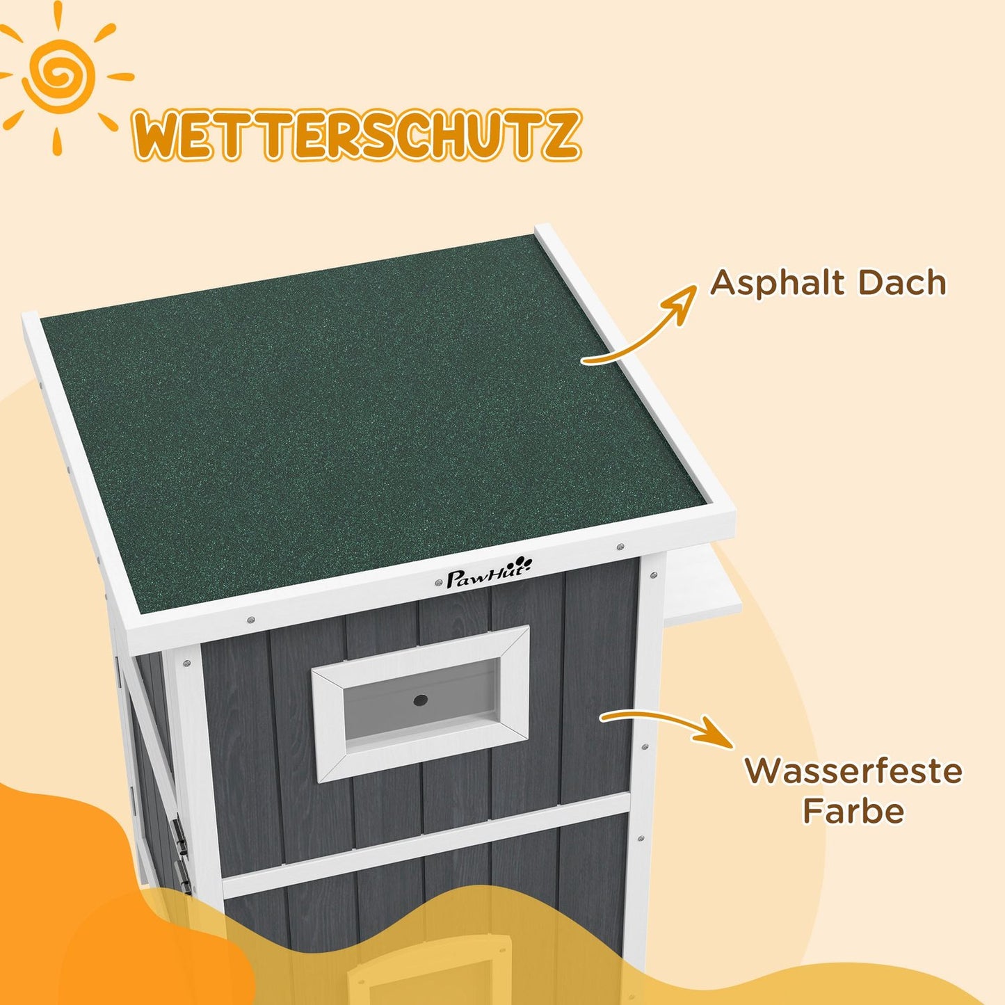 Outdoor wooden cat house, 2-storey with balcony and doors