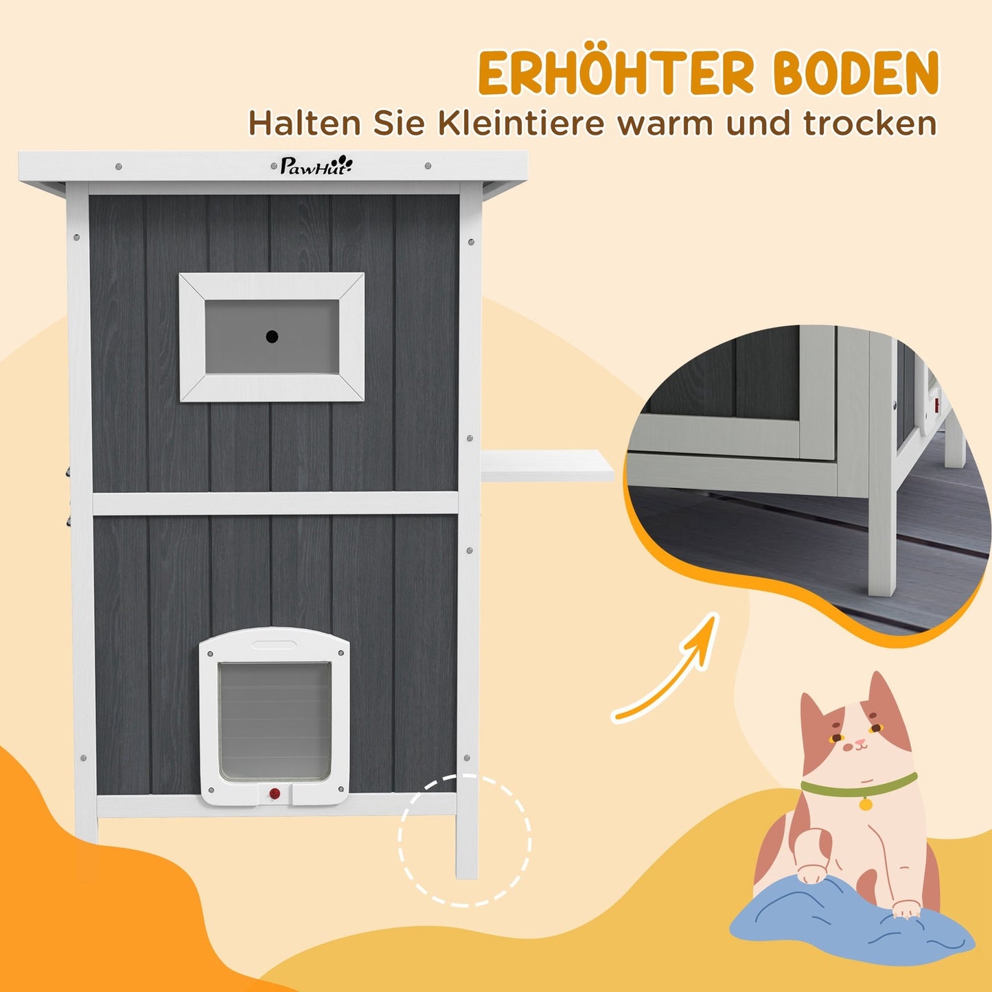 Outdoor wooden cat house, 2-storey with balcony and doors