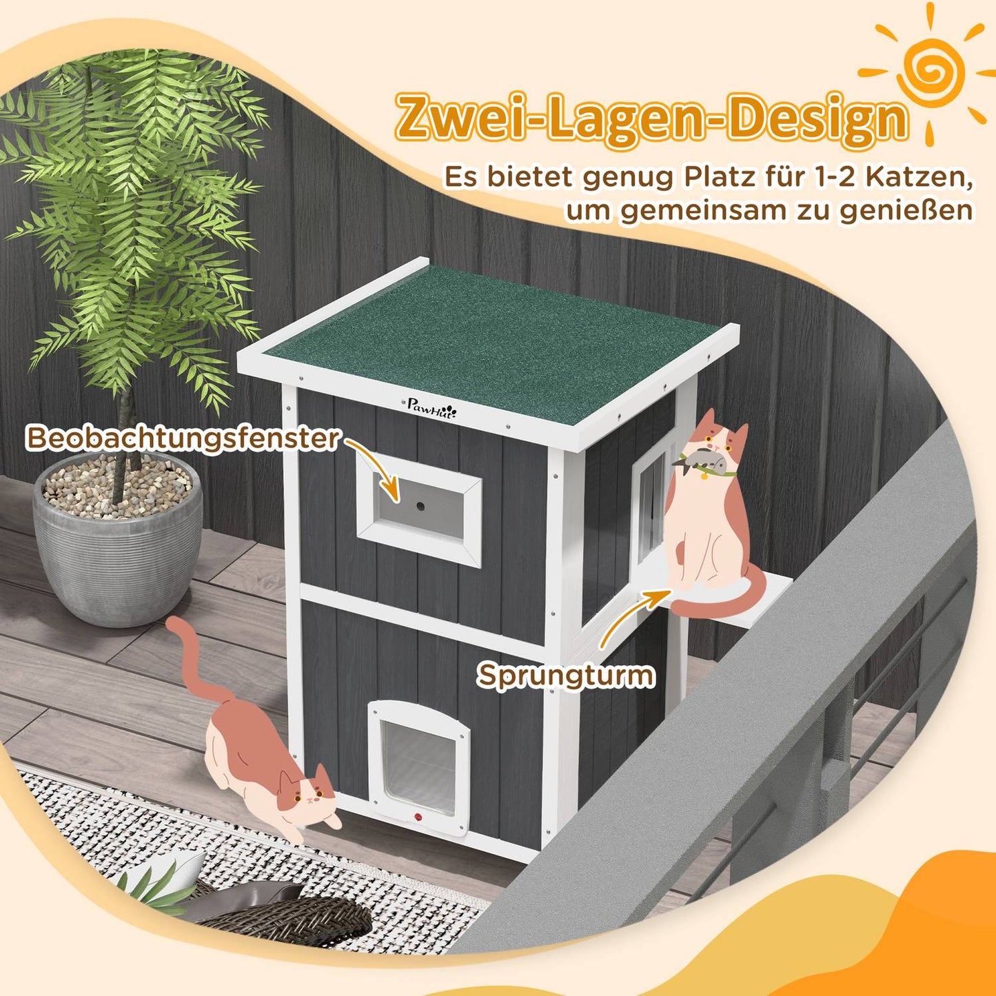 Outdoor wooden cat house, 2-storey with balcony and doors