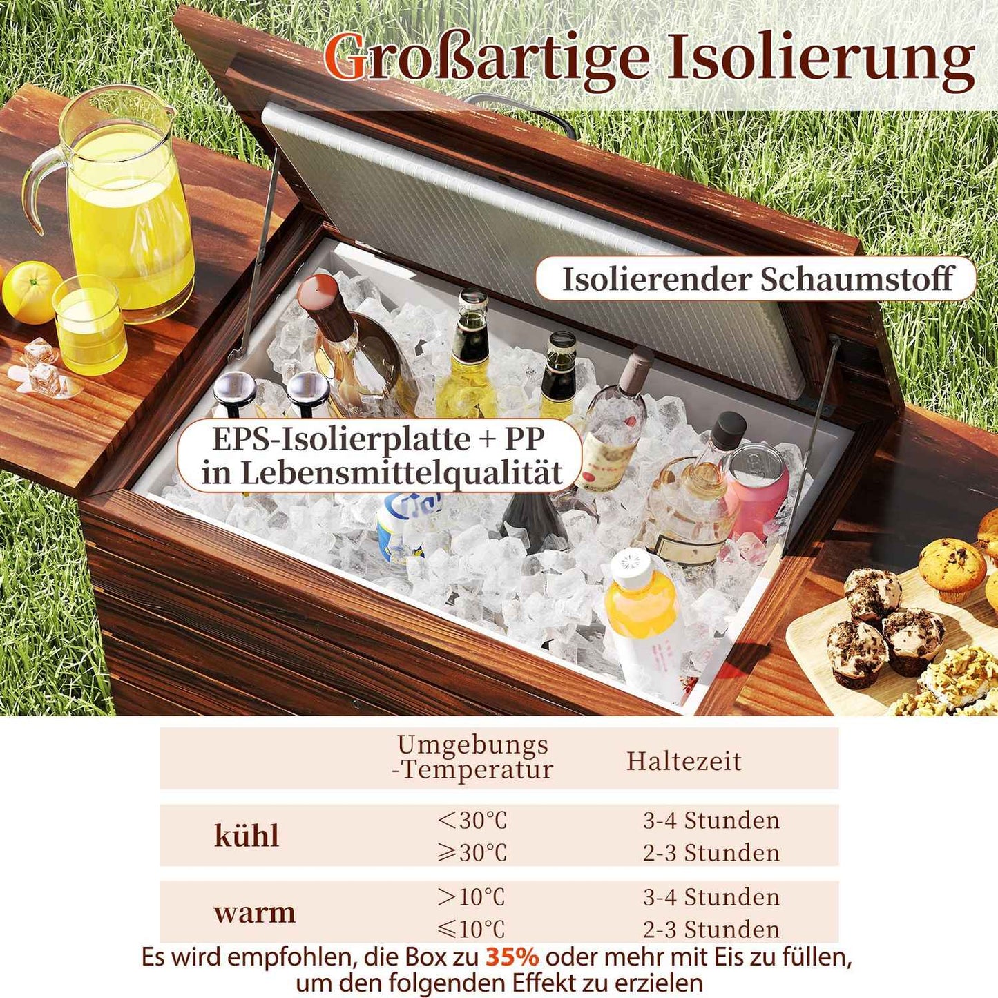 Outdoor Wooden Cooler Cart with Shelves, 51L Capacity
