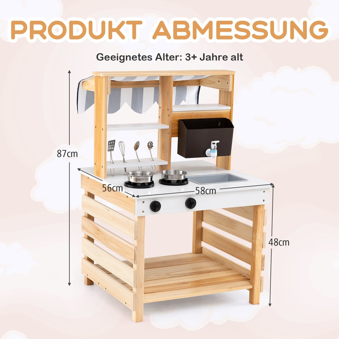 Outdoor Wooden Mud Kitchen with Water Feature, 2-in-1 Playset