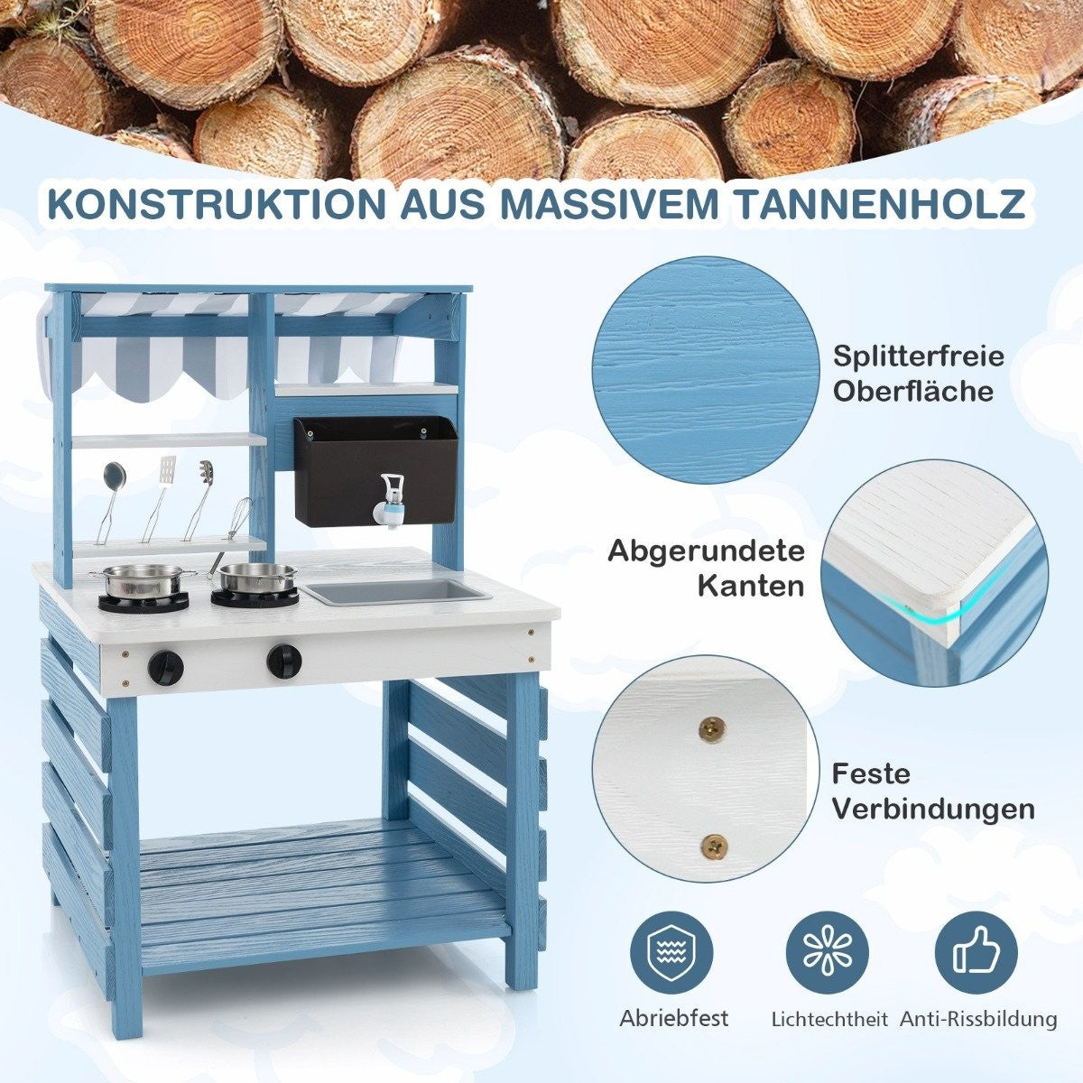 Outdoor Wooden Mud Kitchen with Water Function – Double-Sided Play Kitchen for Kids
